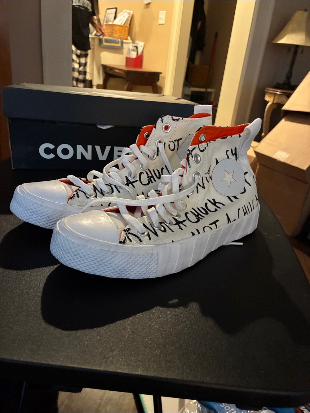 Men’s Converse White High-Top Sneakers with Black Graffiti and Orange Lining